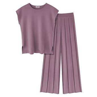 Ekouaer Lounge Sets for Women 2 pc Outfits Knit Cap Sleeve Tops Wide Leg Pleated Pants Casual Sets