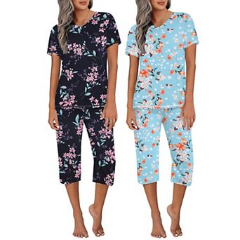 Ekouaer 2 Pack Women's Capri Pajama Sets Short Sleeve 2 pc Pjs V Neck Tops & Pants