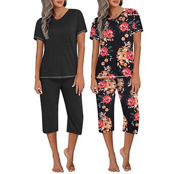 Ekouaer 2 Pack Women's Capri Pajama Sets Short Sleeve 2 pc Pjs V Neck Tops & Pants