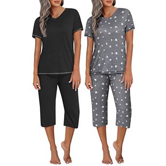 Ekouaer 2 Pack Women's Capri Pajama Sets Short Sleeve 2 pc Pjs V Neck Tops & Pants