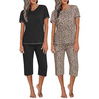 Ekouaer 2 Pack Women's Capri Pajama Sets Short Sleeve 2 pc Pjs V Neck Tops & Pants