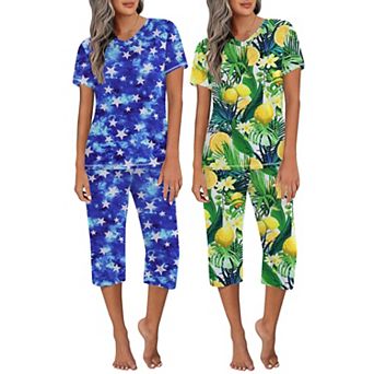 Ekouaer 2 Pack Women's Capri Pajama Sets Short Sleeve 2 pc Pjs V Neck Tops & Pants