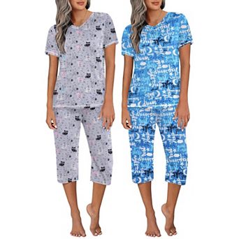 Ekouaer 2 Pack Women's Capri Pajama Sets Short Sleeve 2 pc Pjs V Neck Tops & Pants
