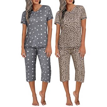 Ekouaer 2 Pack Women's Capri Pajama Sets Short Sleeve 2 pc Pjs V Neck Tops & Pants