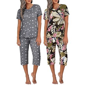 Ekouaer 2 Pack Women's Capri Pajama Sets Short Sleeve 2 pc Pjs V Neck Tops & Pants