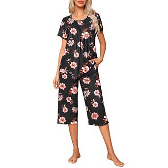 Ekouaer Pajama Set for Women 2 pc Capri Pants Short Sleeve Top Sleepwear Soft Pjs Loungewear