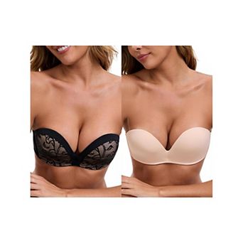 2 Packs Women's Deep V Strapless Wireless Demi Bandeau Lace Thin Top Thick Bottom Push-Up Tube Bra