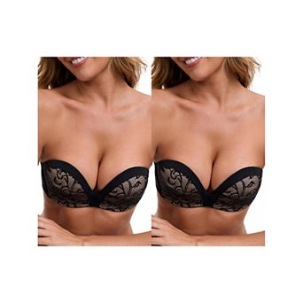 2 Packs Women's Deep V Strapless Wireless Demi Bandeau Lace Thin Top Thick Bottom Push-Up Tube Bra