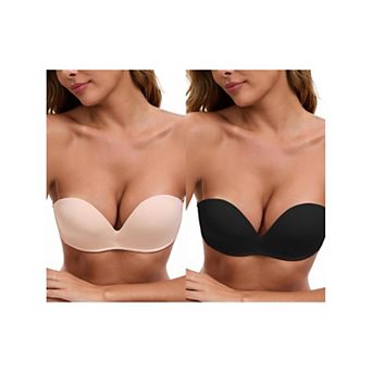 2 Packs Women's Deep V Strapless Wireless Demi Bandeau Lace Thin Top Thick Bottom Push-Up Tube Bra