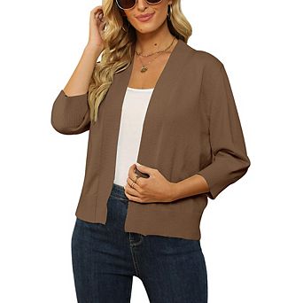 Women's Cropped Open Front Cardigan 3/4 Sleeve Ribbed Trim Lightweight Knit Tops for Layering