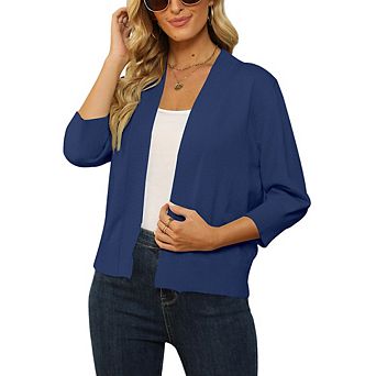 Women's Cropped Open Front Cardigan 3/4 Sleeve Ribbed Trim Lightweight Knit Tops for Layering