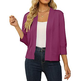 Women's Cropped Open Front Cardigan 3/4 Sleeve Ribbed Trim Lightweight Knit Tops for Layering