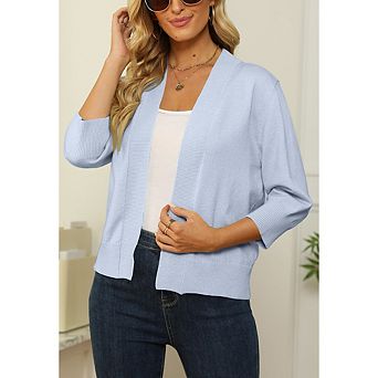 Women's Cropped Open Front Cardigan 3/4 Sleeve Ribbed Trim Lightweight Knit Tops for Layering