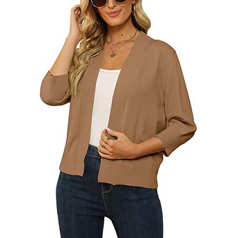 Women's Cropped Open Front Cardigan 3/4 Sleeve Ribbed Trim Lightweight Knit Tops for Layering