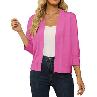 Women's Cropped Open Front Cardigan 3/4 Sleeve Ribbed Trim Lightweight Knit Tops for Layering