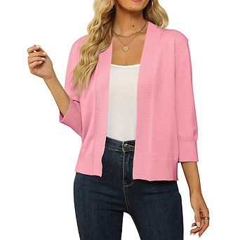 Women's Cropped Open Front Cardigan 3/4 Sleeve Ribbed Trim Lightweight Knit Tops for Layering