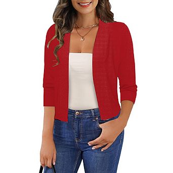 Women's Cropped Open Front Cardigan 3/4 Sleeve Ribbed Trim Lightweight Knit Tops for Layering