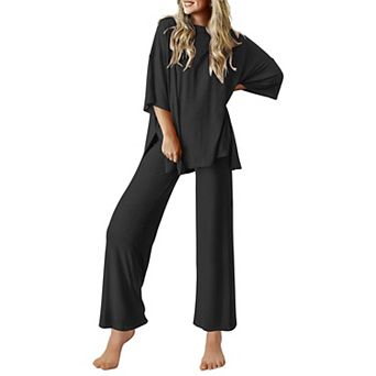 Ekouaer Womens Pajamas Set Long Sleeve Button Down Lounge Set Pieces Nightwear Lace Pajamas Set