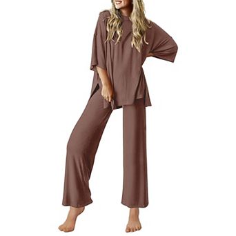 Ekouaer Lounge Sets for Women Short Sleeve Tops and Long Pants Soft Comfy Pajamas Set 2 pc Outfits