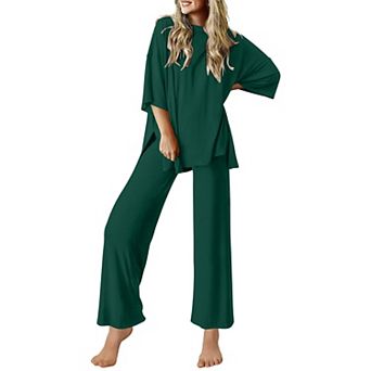 Ekouaer Lounge Sets for Women Short Sleeve Tops and Long Pants Soft Comfy Pajamas Set 2 pc Outfits