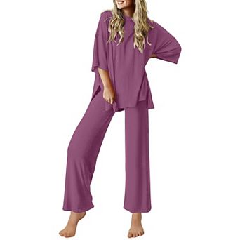 Ekouaer Lounge Sets for Women Short Sleeve Tops and Long Pants Soft Comfy Pajamas Set 2 pc Outfits
