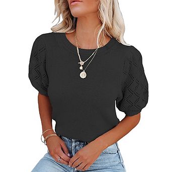 Women's Puff Sleeve Cropped Knit Top Round Neck Eyelet Lace Short Sleeve Casual Sweater Top