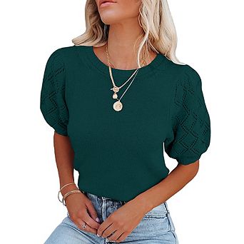 Women's Puff Sleeve Cropped Knit Top Round Neck Eyelet Lace Short Sleeve Casual Sweater Top
