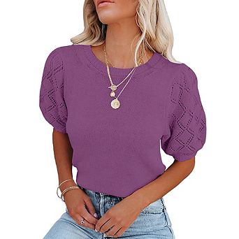 Women's Puff Sleeve Cropped Knit Top Round Neck Eyelet Lace Short Sleeve Casual Sweater Top