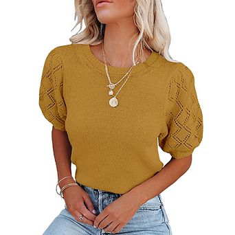 Women's Puff Sleeve Cropped Knit Top Round Neck Eyelet Lace Short Sleeve Casual Sweater Top
