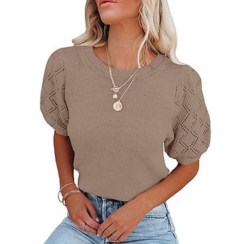 Women's Puff Sleeve Cropped Knit Top Round Neck Eyelet Lace Short Sleeve Casual Sweater Top