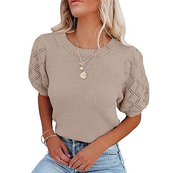 Women's Puff Sleeve Cropped Knit Top Round Neck Eyelet Lace Short Sleeve Casual Sweater Top