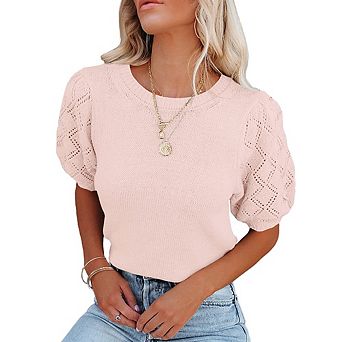 Women's Puff Sleeve Cropped Knit Top Round Neck Eyelet Lace Short Sleeve Casual Sweater Top