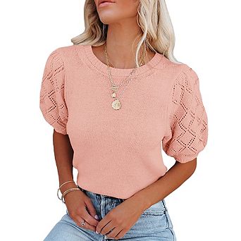 Women's Puff Sleeve Cropped Knit Top Round Neck Eyelet Lace Short Sleeve Casual Sweater Top