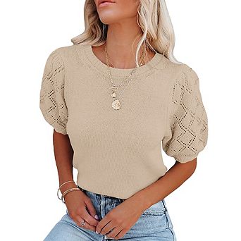 Women's Puff Sleeve Cropped Knit Top Round Neck Eyelet Lace Short Sleeve Casual Sweater Top