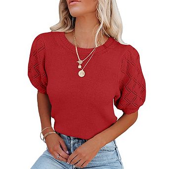 Women's Puff Sleeve Cropped Knit Top Round Neck Eyelet Lace Short Sleeve Casual Sweater Top