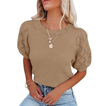 Women's Puff Sleeve Cropped Knit Top Round Neck Eyelet Lace Short Sleeve Casual Sweater Top