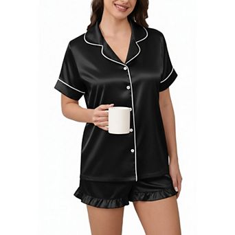 Ekouaer Silk Pajamas Set for Women Short Sleeve Sleepwear Collared Loungewear with Button Down