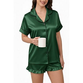 Ekouaer Silk Pajamas Set for Women Short Sleeve Sleepwear Collared Loungewear with Button Down