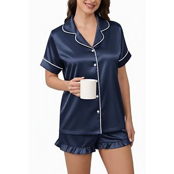 Ekouaer Silk Pajamas Set for Women Short Sleeve Sleepwear Collared Loungewear with Button Down