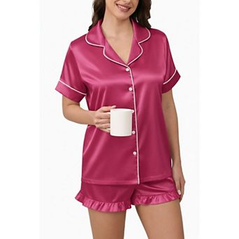 Ekouaer Silk Pajamas Set for Women Short Sleeve Sleepwear Collared Loungewear with Button Down
