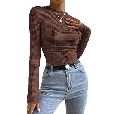 Women's Basic Blouse Tops Long Sleeve Fitted T Shirts Waffle Ruched Crop Shirt Stylish