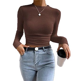 Women's Basic Blouse Tops Long Sleeve Fitted T Shirts Waffle Ruched Crop Shirt Stylish