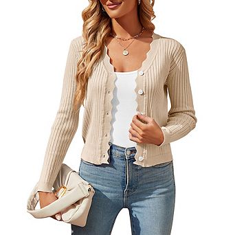 Women's Cropped Ribbed Knit Cardigan Scalloped Edge Button Down Long Sleeve Lightweight Sweater Top