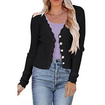 Women's Cropped Ribbed Knit Cardigan Scalloped Edge Button Down Long Sleeve Lightweight Sweater Top