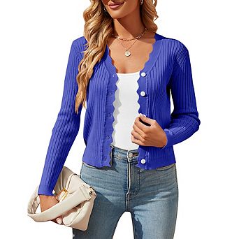 Women's Cropped Ribbed Knit Cardigan Scalloped Edge Button Down Long Sleeve Lightweight Sweater Top