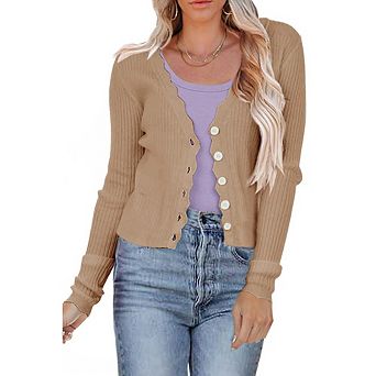 Women's Cropped Ribbed Knit Cardigan Scalloped Edge Button Down Long Sleeve Lightweight Sweater Top