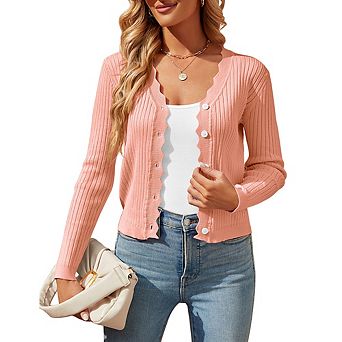 Women's Cropped Ribbed Knit Cardigan Scalloped Edge Button Down Long Sleeve Lightweight Sweater Top