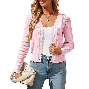 Women's Cropped Ribbed Knit Cardigan Scalloped Edge Button Down Long Sleeve Lightweight Sweater Top