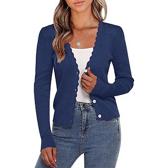 Women's Cropped Ribbed Knit Cardigan Scalloped Edge Button Down Long Sleeve Lightweight Sweater Top