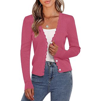 Women's Cropped Ribbed Knit Cardigan Scalloped Edge Button Down Long Sleeve Lightweight Sweater Top